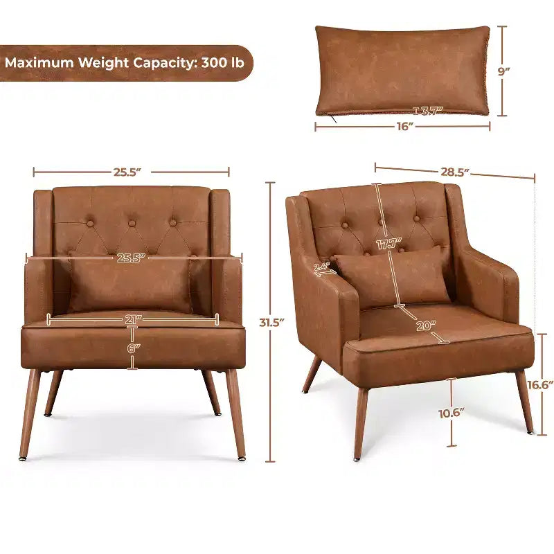 Fauteuil d'appoint en cuir synthétique pour salon, chambre, bureau, marron rétro