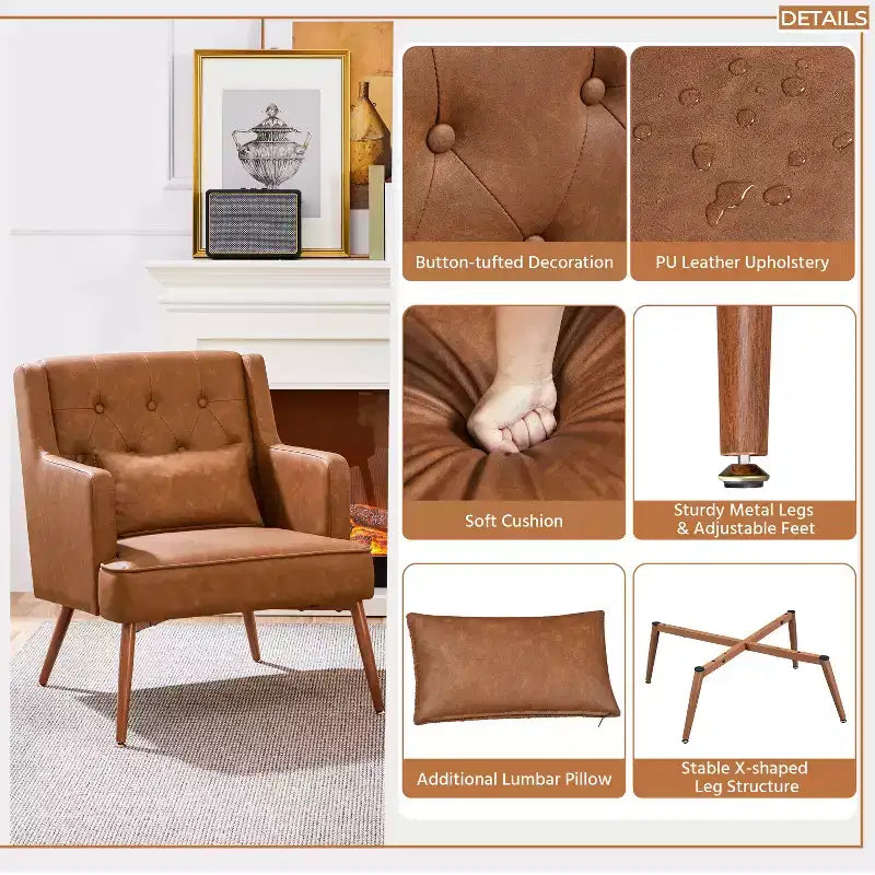 Fauteuil d'appoint en cuir synthétique pour salon, chambre, bureau, marron rétro