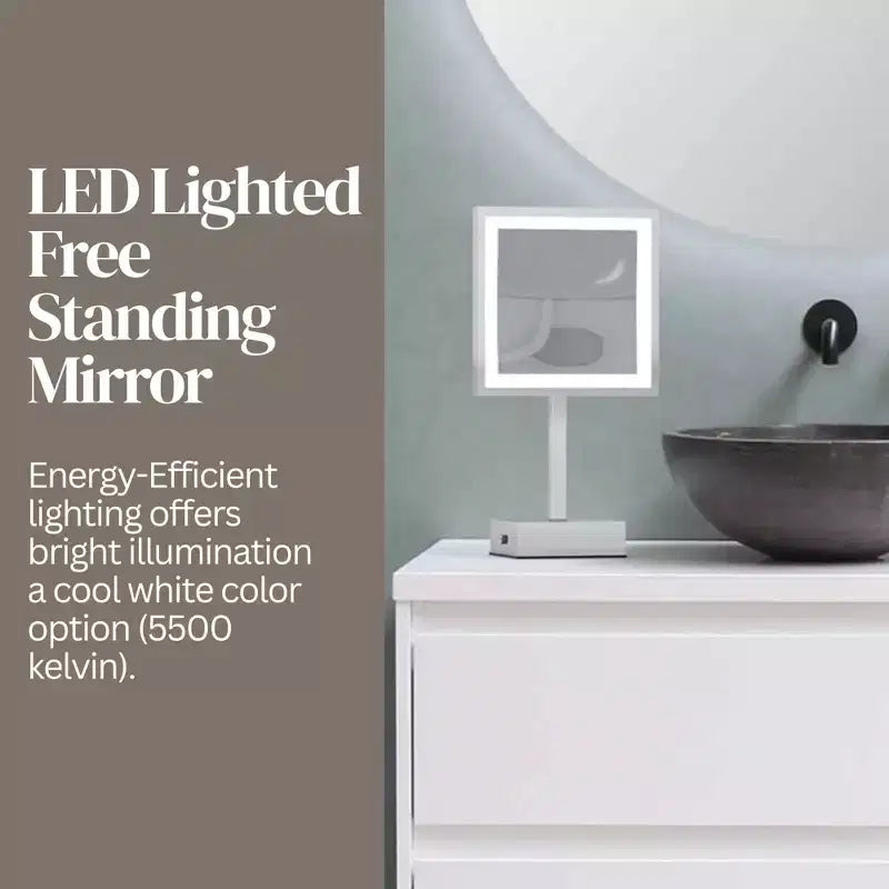 Miroir de maquillage carré LED 8 po, grossissement 3X, autoportant, nickel brossé