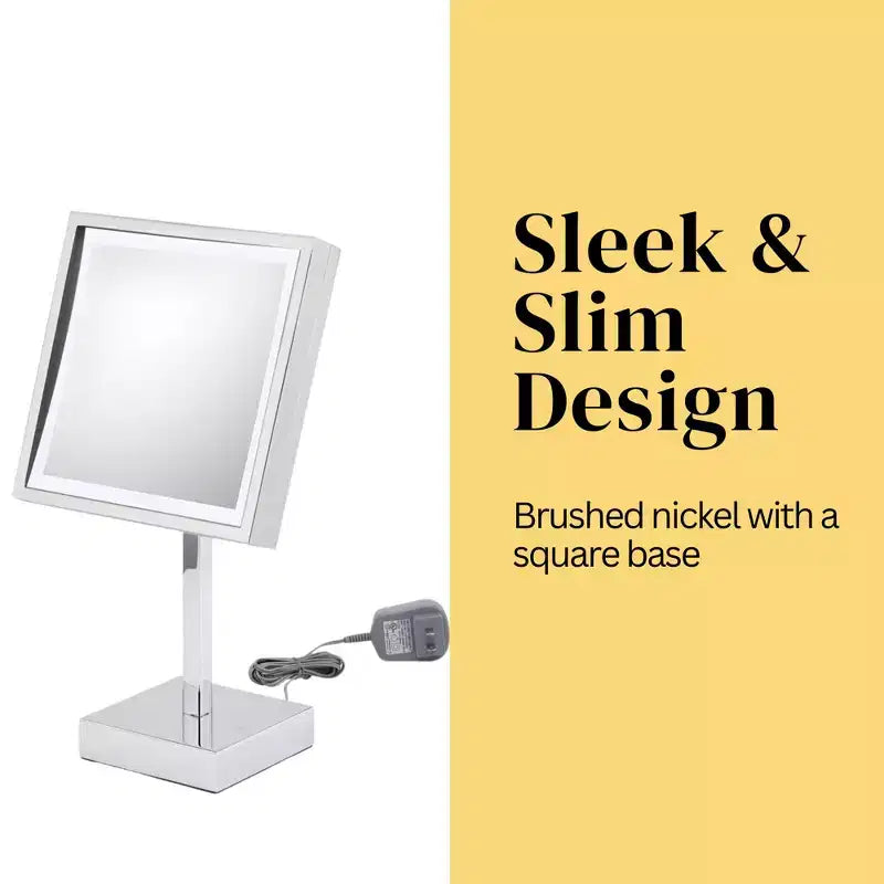 Miroir de maquillage carré LED 8 po, grossissement 3X, autoportant, nickel brossé