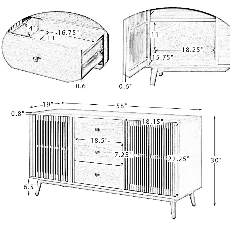 Enfilade de 147 cm de large avec 3 tiroirs et portes à persiennes, style Mid-Century