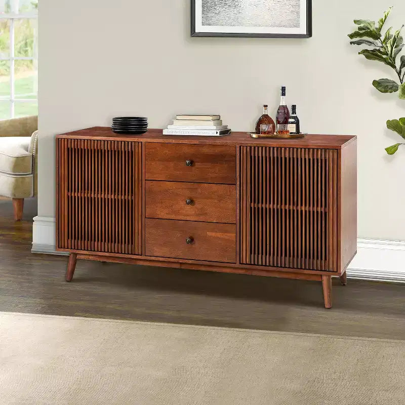 Enfilade de 147 cm de large avec 3 tiroirs et portes à persiennes, style Mid-Century