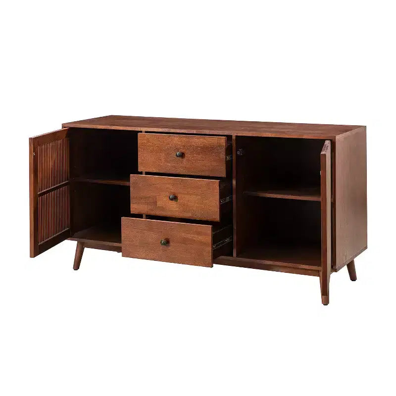 Enfilade de 147 cm de large avec 3 tiroirs et portes à persiennes, style Mid-Century