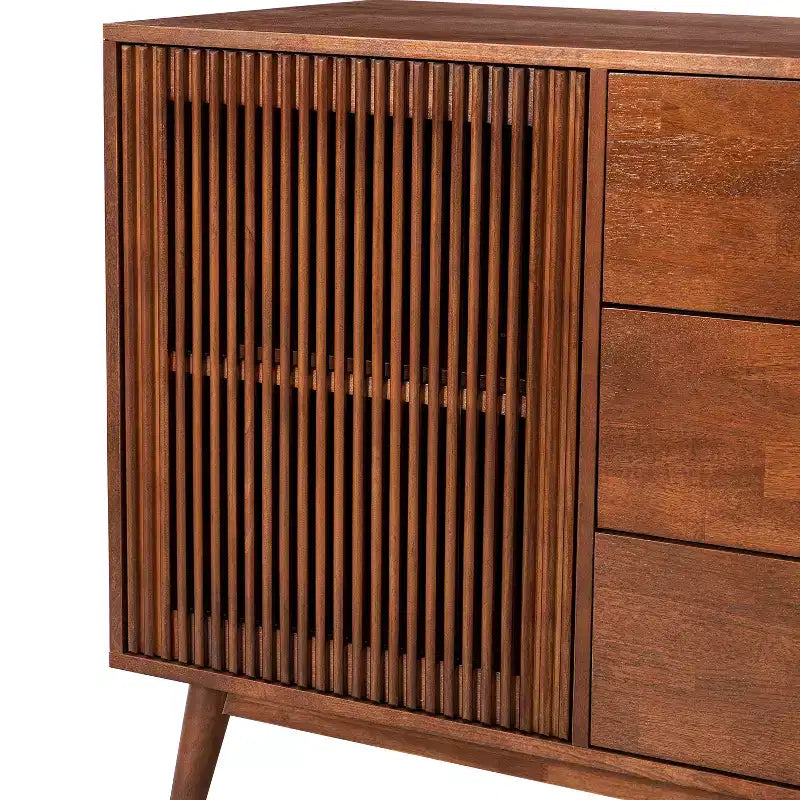 Enfilade de 147 cm de large avec 3 tiroirs et portes à persiennes, style Mid-Century