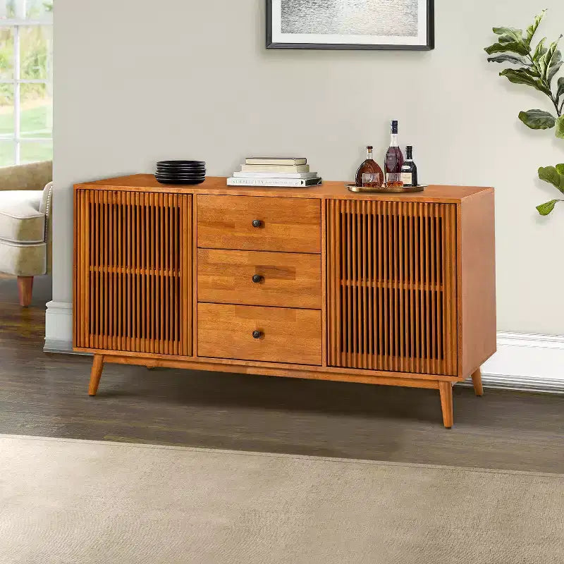 Enfilade de 147 cm de large avec 3 tiroirs et portes à persiennes, style Mid-Century