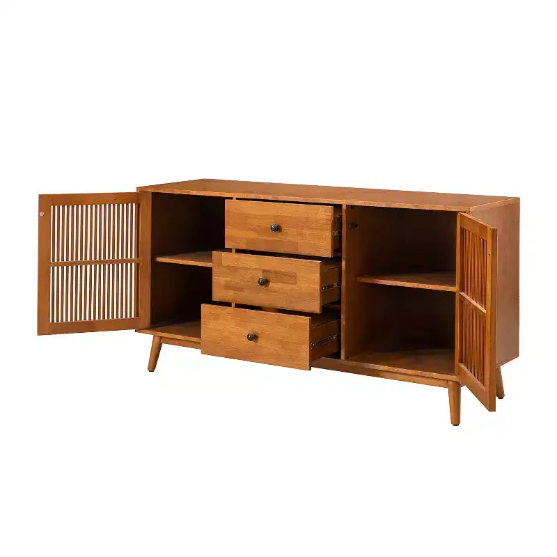 Enfilade de 147 cm de large avec 3 tiroirs et portes à persiennes, style Mid-Century