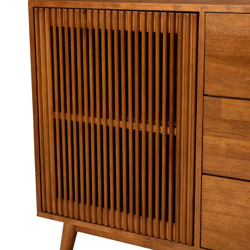 Enfilade de 147 cm de large avec 3 tiroirs et portes à persiennes, style Mid-Century