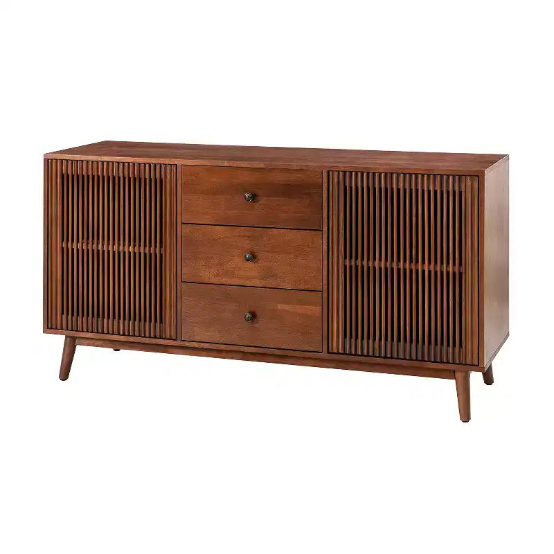 Enfilade de 147 cm de large avec 3 tiroirs et portes à persiennes, style Mid-Century