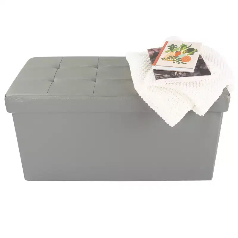 Ottoman de rangement 76 cm, repose-pieds pliable en similicuir, coffre ou banc de rangement en lin