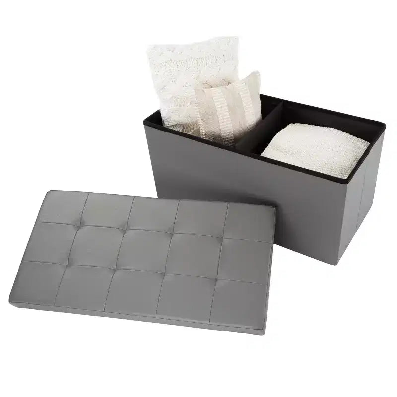 Ottoman de rangement 76 cm, repose-pieds pliable en similicuir, coffre ou banc de rangement en lin