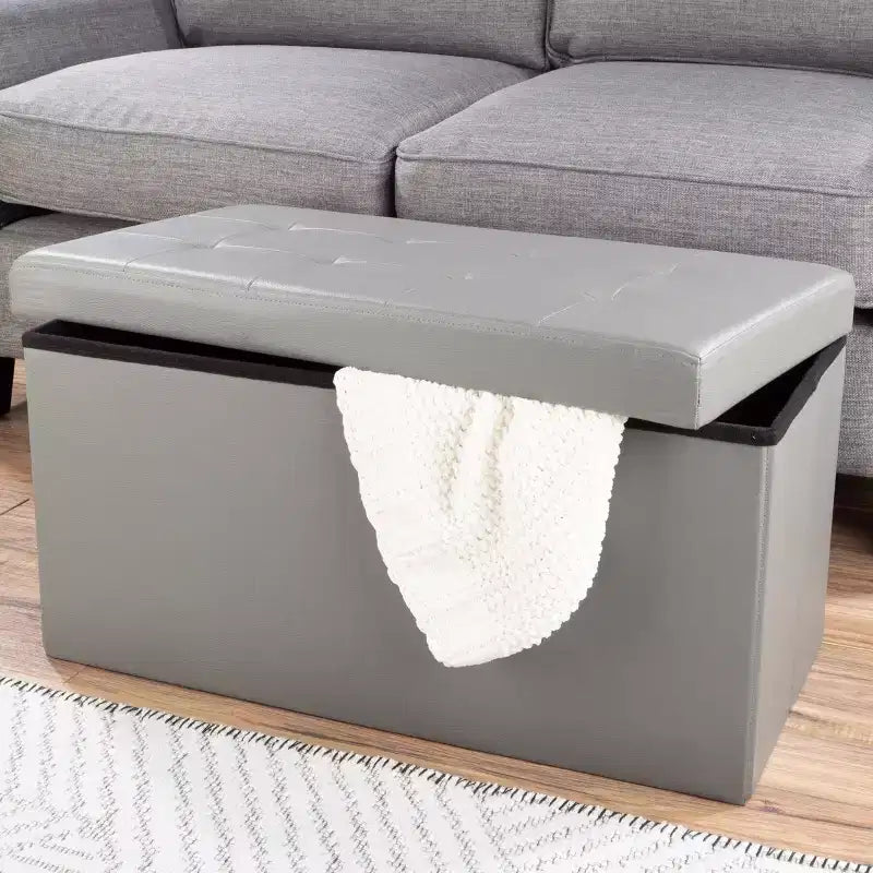 Ottoman de rangement 76 cm, repose-pieds pliable en similicuir, coffre ou banc de rangement en lin