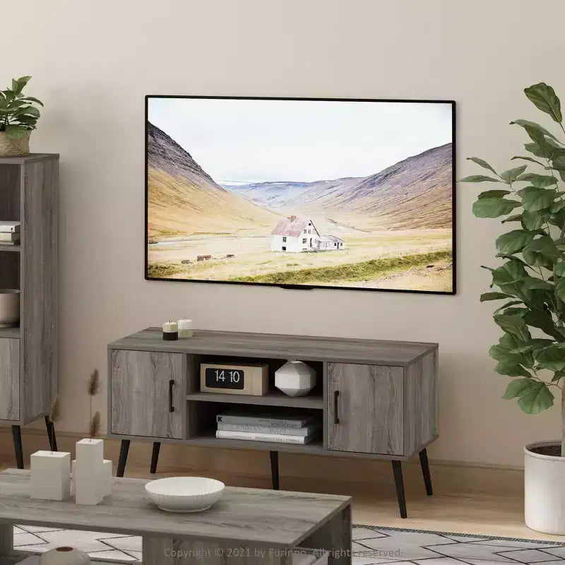 Furinno Mid-Century TV Stand Entertainment Media Console w/2 Cabinets&Open Storage Shelves for TVs up to 50,French Oak Grey