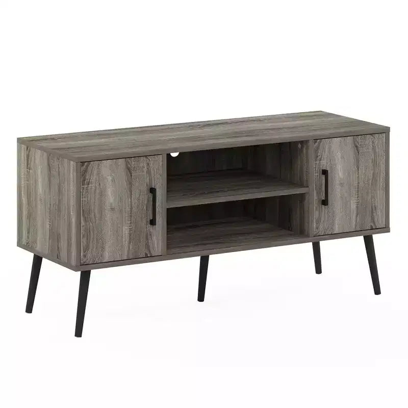 Meuble TV Mid-Century avec 2 placards et étagères ouvertes pour TV jusqu'à 50", Chêne Français Gris
