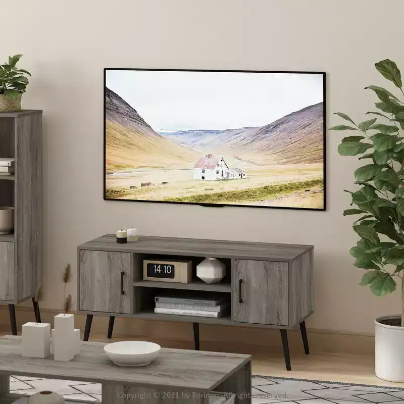 Meuble TV Mid-Century avec 2 placards et étagères ouvertes pour TV jusqu'à 50", Chêne Français Gris