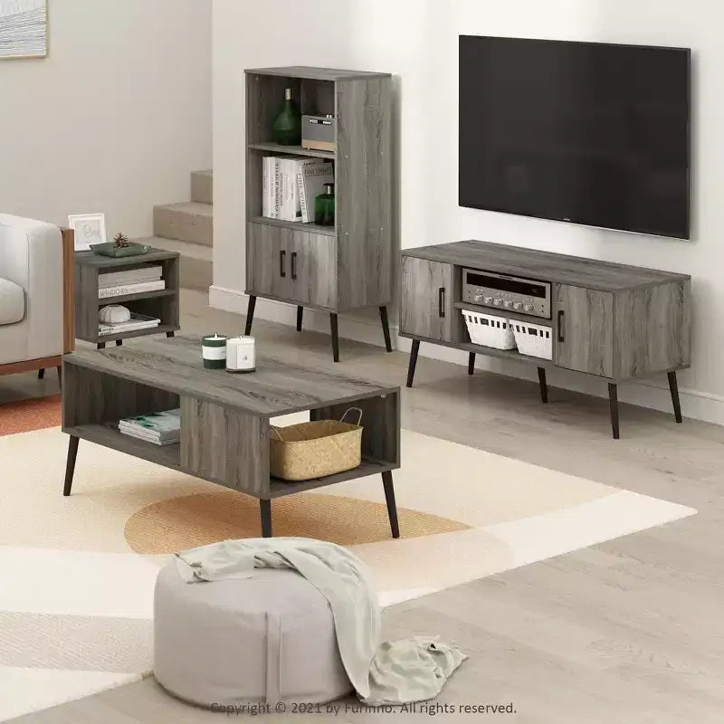Meuble TV Mid-Century avec 2 placards et étagères ouvertes pour TV jusqu'à 50", Chêne Français Gris