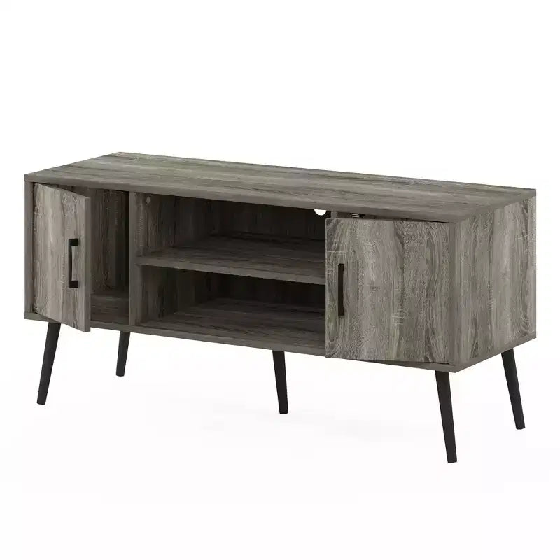 Meuble TV Mid-Century avec 2 placards et étagères ouvertes pour TV jusqu'à 50", Chêne Français Gris
