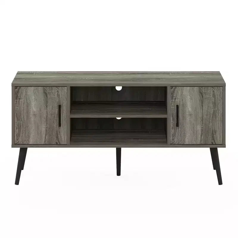 Meuble TV Mid-Century avec 2 placards et étagères ouvertes pour TV jusqu'à 50", Chêne Français Gris