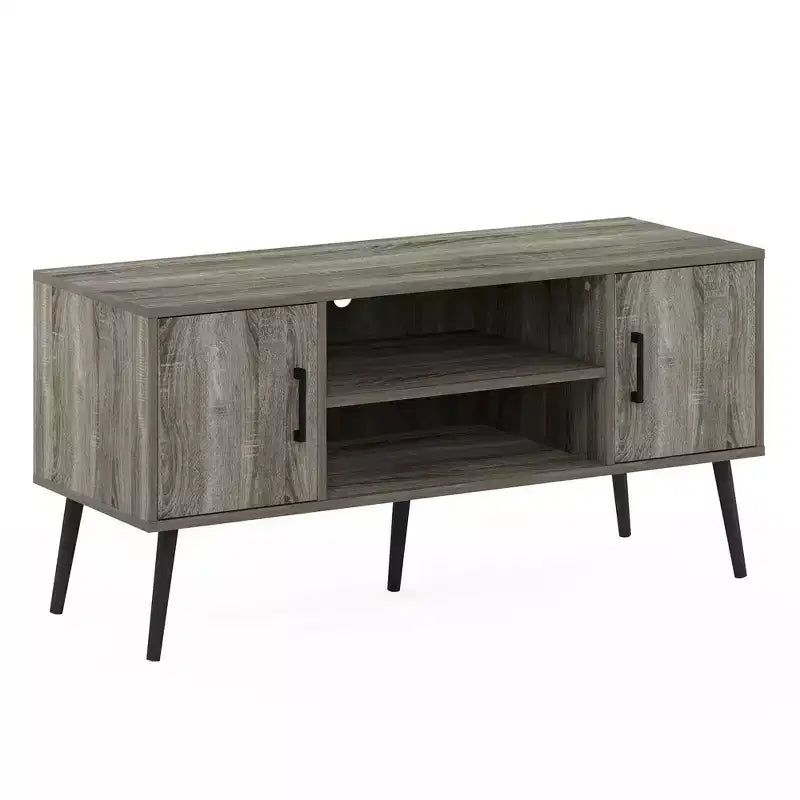 Meuble TV Mid-Century avec 2 placards et étagères ouvertes pour TV jusqu'à 50", Chêne Français Gris