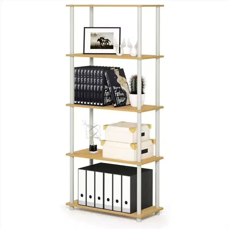Étagère haute décorative à 5 niveaux, étagère ouverte polyvalente, support de présentation, Hêtre/Blanc