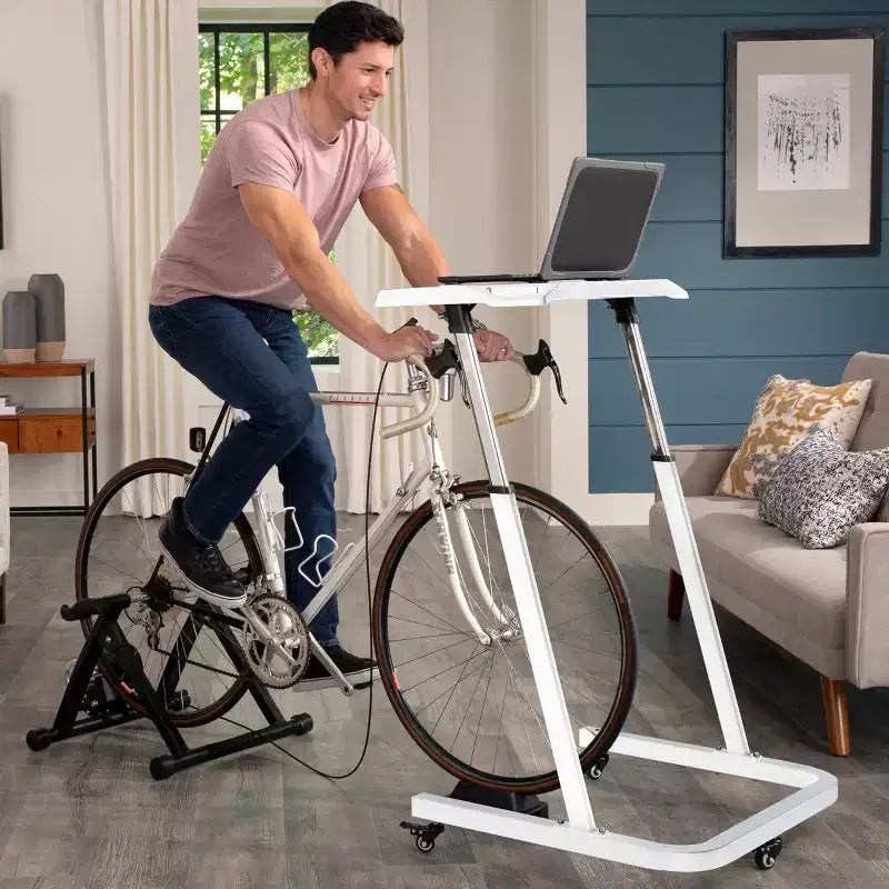Poste de travail de vélo d'appartement réglable avec roulettes, Acier