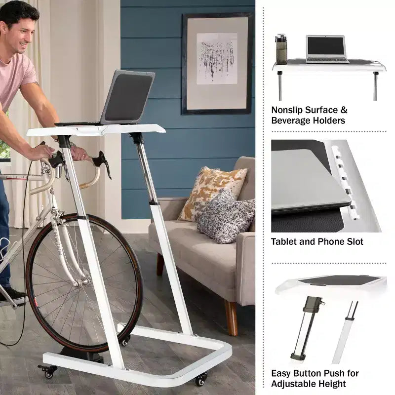Poste de travail de vélo d'appartement réglable avec roulettes, Acier