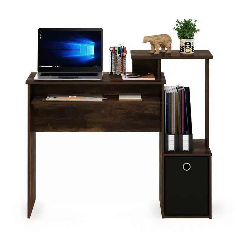 Bureau informatique multifonctionnel avec tiroir et tablette coulissante pour clavier, Pin ambré/Noir