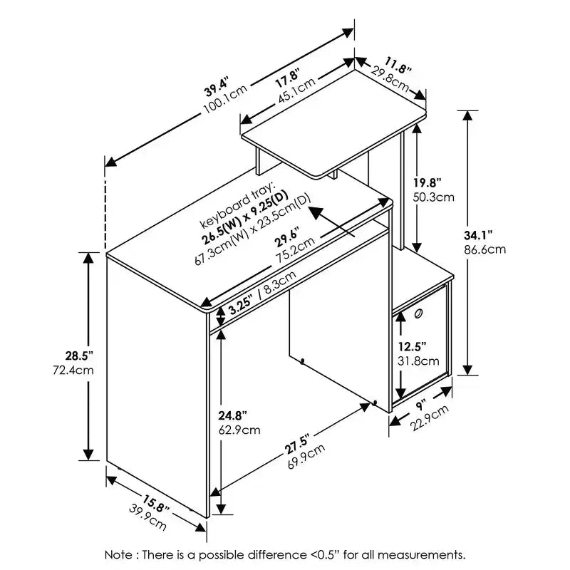 Bureau informatique multifonctionnel avec tiroir et tablette coulissante pour clavier, Pin ambré/Noir