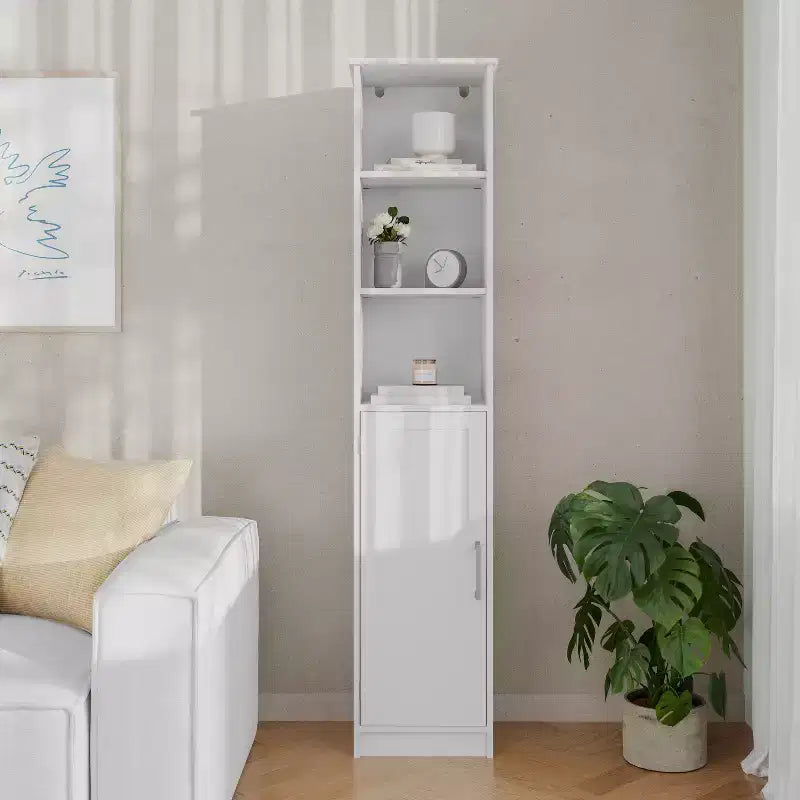 Meuble de rangement étroit autoportant pour salle de bain avec porte et étagères ouvertes