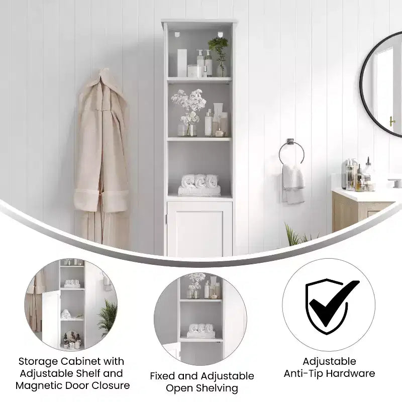 Meuble de rangement étroit autoportant pour salle de bain avec porte et étagères ouvertes