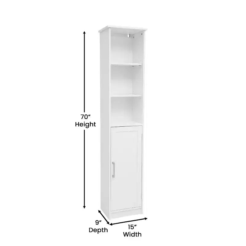 Meuble de rangement étroit autoportant pour salle de bain avec porte et étagères ouvertes