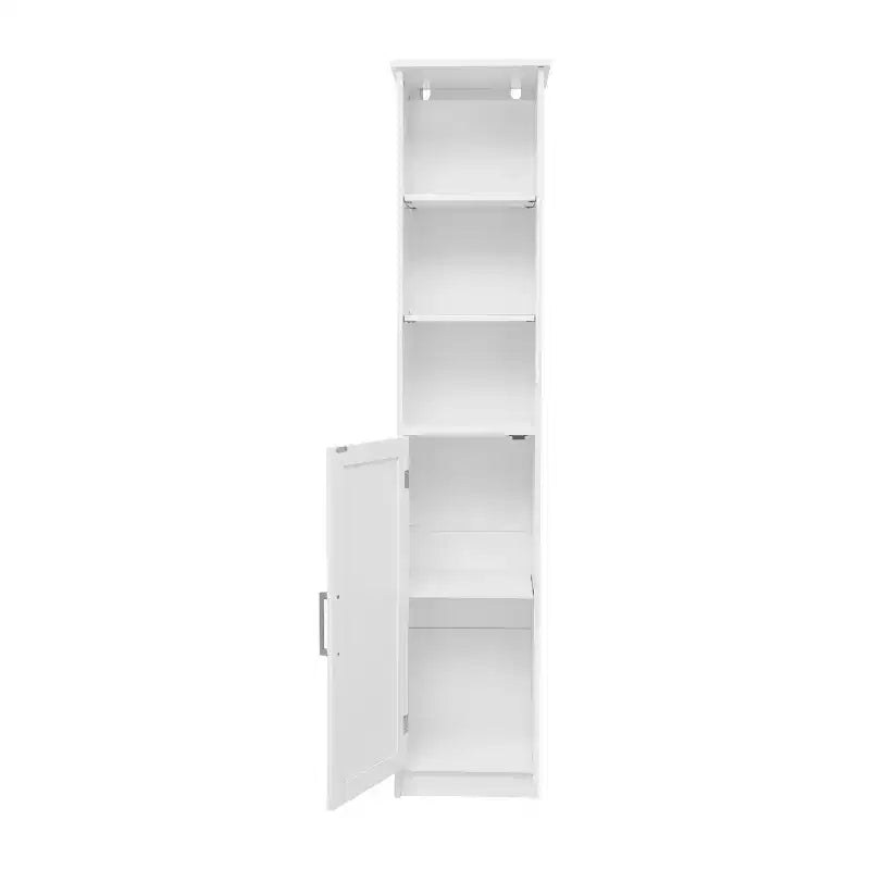 Meuble de rangement étroit autoportant pour salle de bain avec porte et étagères ouvertes