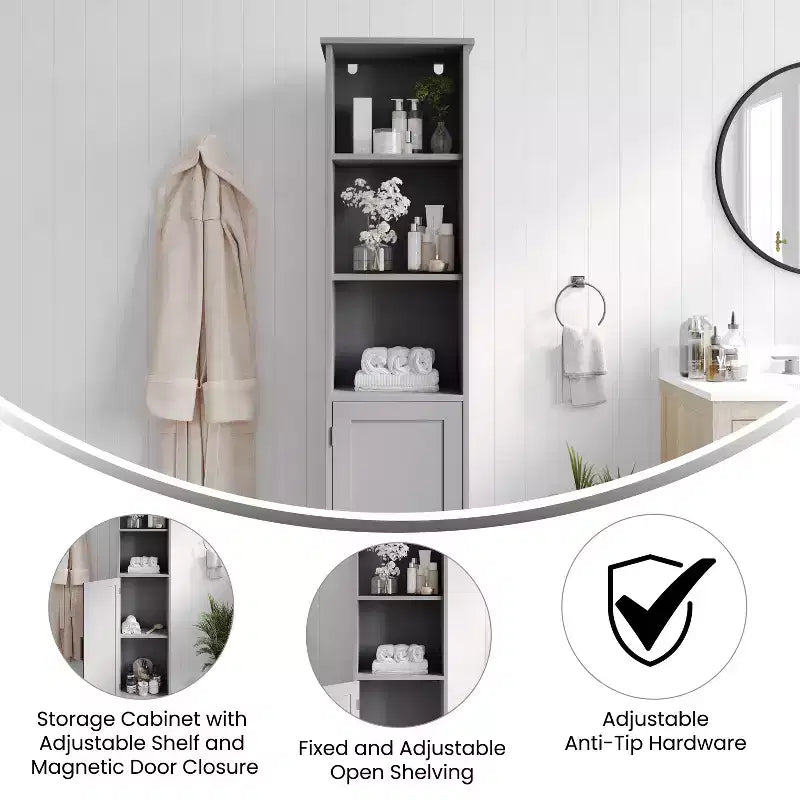 Meuble de rangement étroit autoportant pour salle de bain avec porte et étagères ouvertes