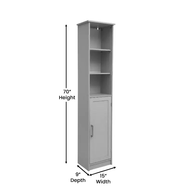 Meuble de rangement étroit autoportant pour salle de bain avec porte et étagères ouvertes
