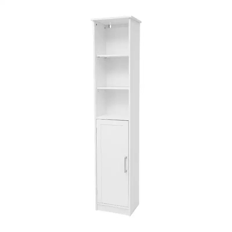 Meuble de rangement étroit autoportant pour salle de bain avec porte et étagères ouvertes