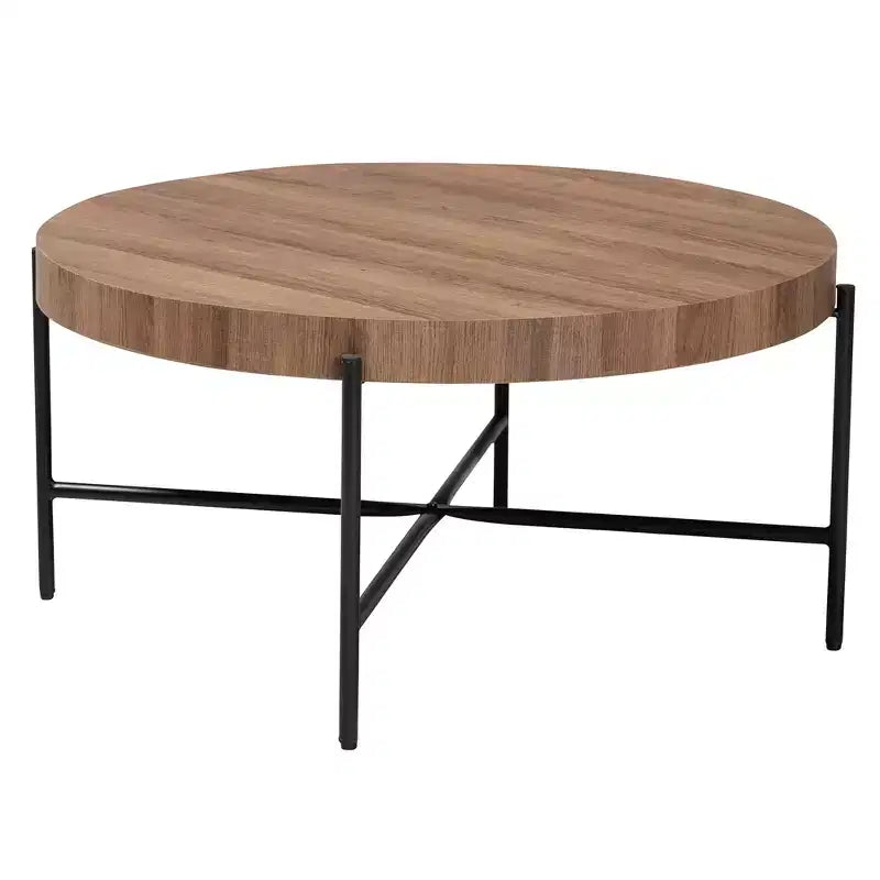 Table basse ronde style industriel moderne, noyer brun et métal noir