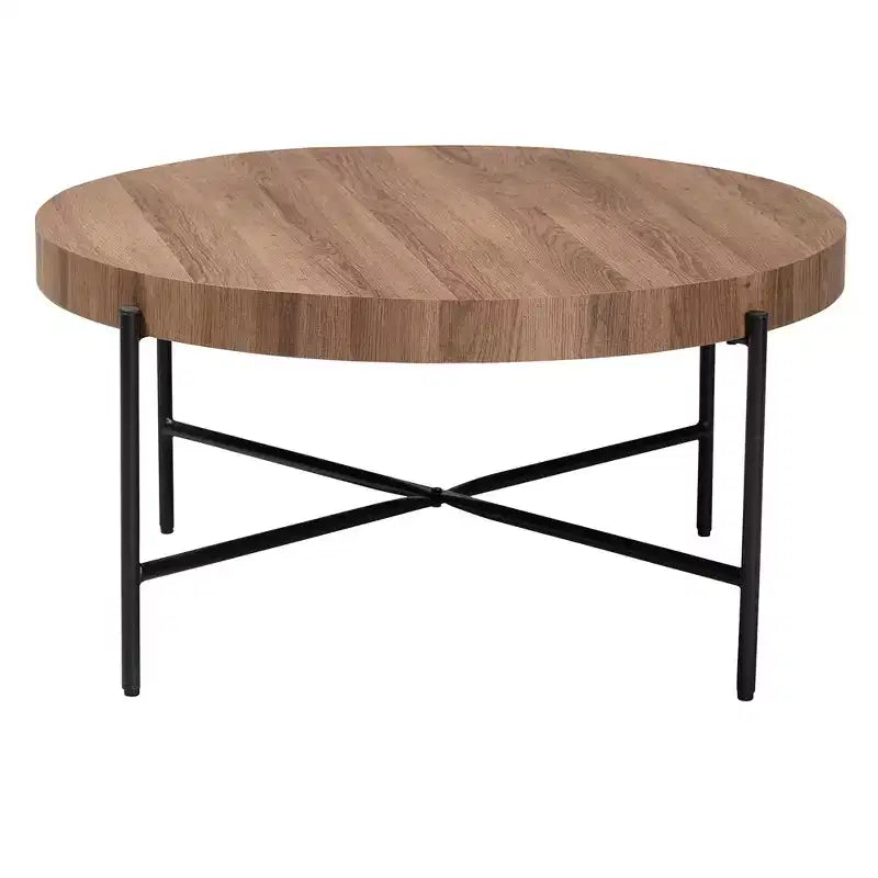 Table basse ronde style industriel moderne, noyer brun et métal noir