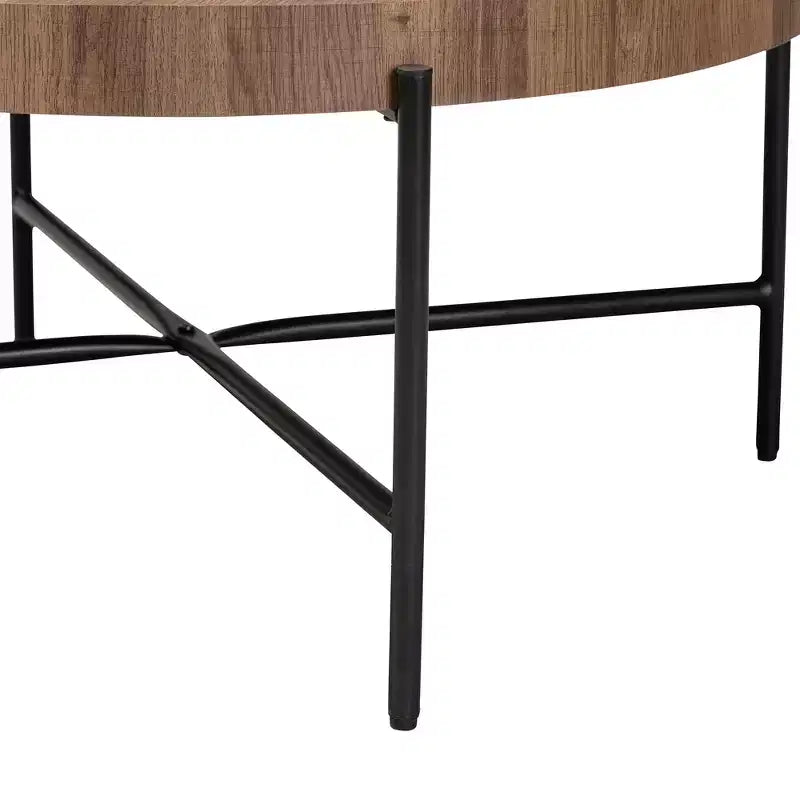 Table basse ronde style industriel moderne, noyer brun et métal noir