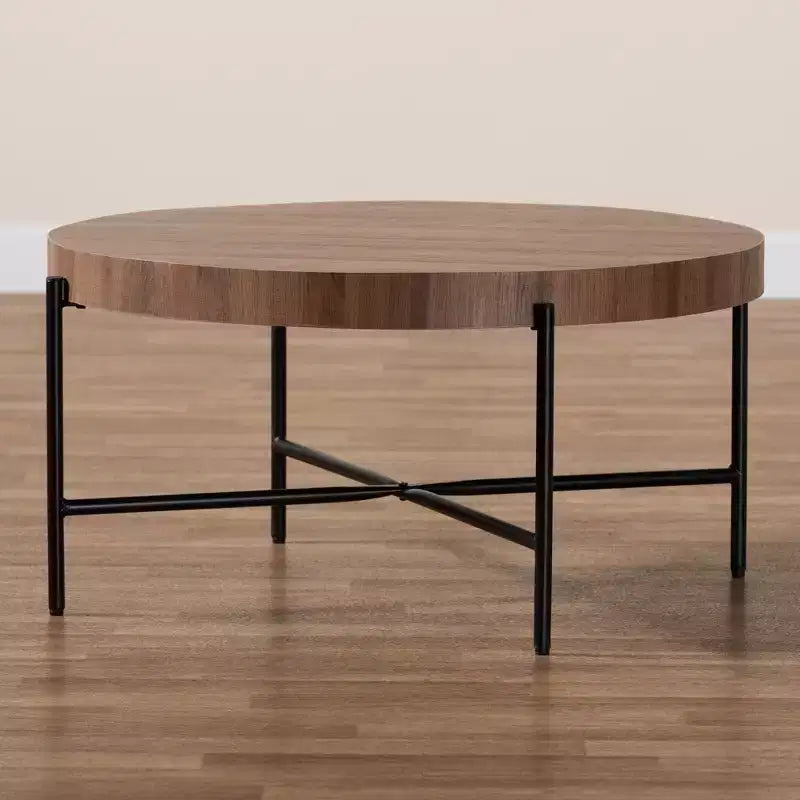 Table basse ronde style industriel moderne, noyer brun et métal noir