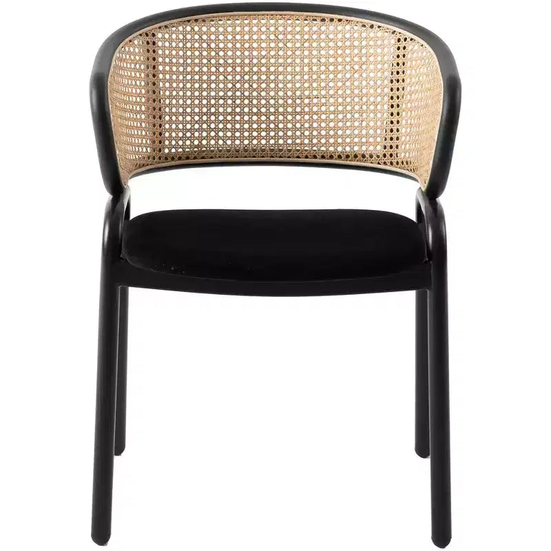 Chaise de salle à manger moderne avec structure noire, assise en velours et dossier en rotin, pour cuisine, salle à manger, bureau ou salon.