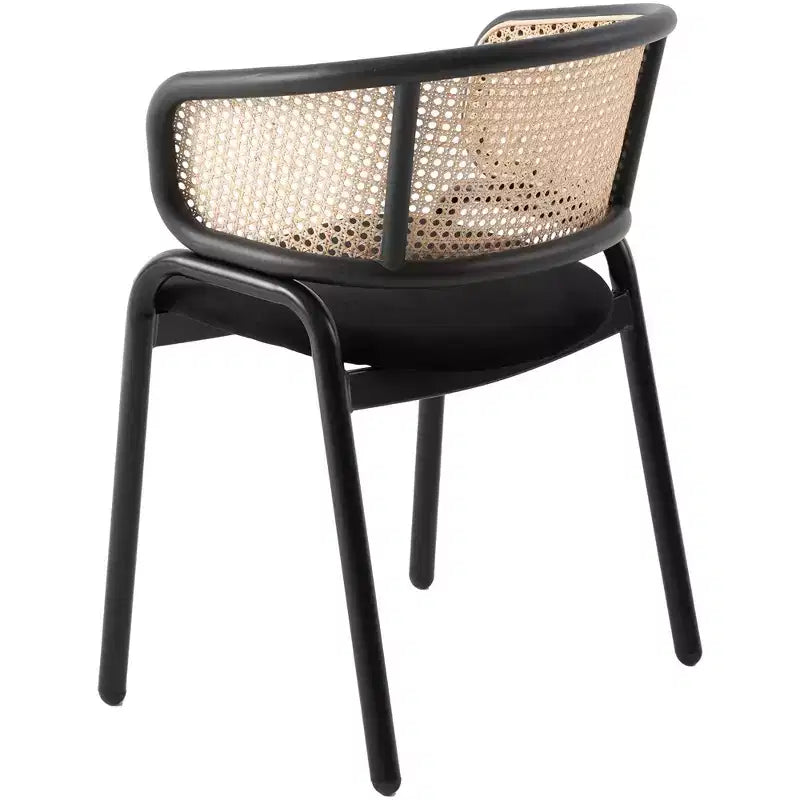 Chaise de salle à manger moderne avec structure noire, assise en velours et dossier en rotin, pour cuisine, salle à manger, bureau ou salon.