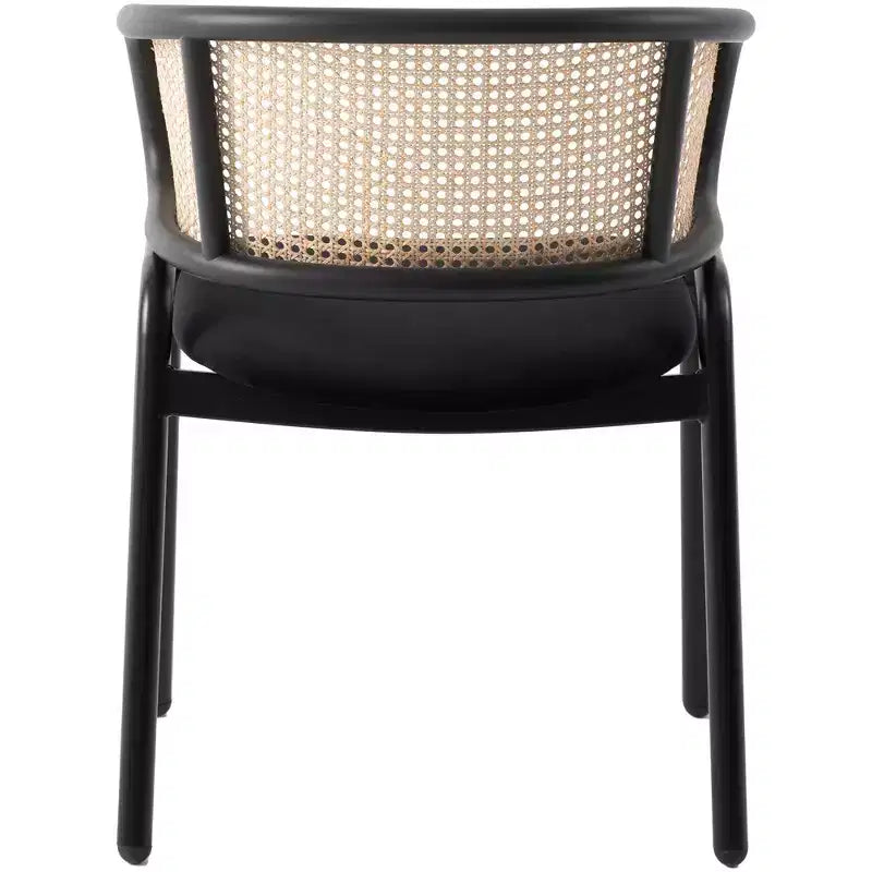 Chaise de salle à manger moderne avec structure noire, assise en velours et dossier en rotin, pour cuisine, salle à manger, bureau ou salon.