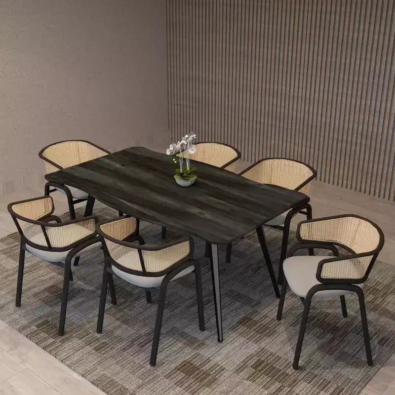 Chaise de salle à manger moderne avec structure noire, assise en velours et dossier en rotin, pour cuisine, salle à manger, bureau ou salon.