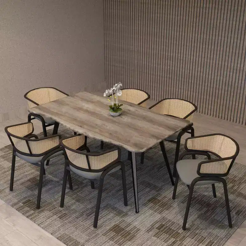 Chaise de salle à manger moderne avec structure noire, assise en velours et dossier en rotin, pour cuisine, salle à manger, bureau ou salon.