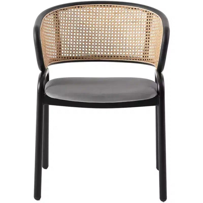 Chaise de salle à manger moderne avec structure noire, assise en velours et dossier en rotin, pour cuisine, salle à manger, bureau ou salon.