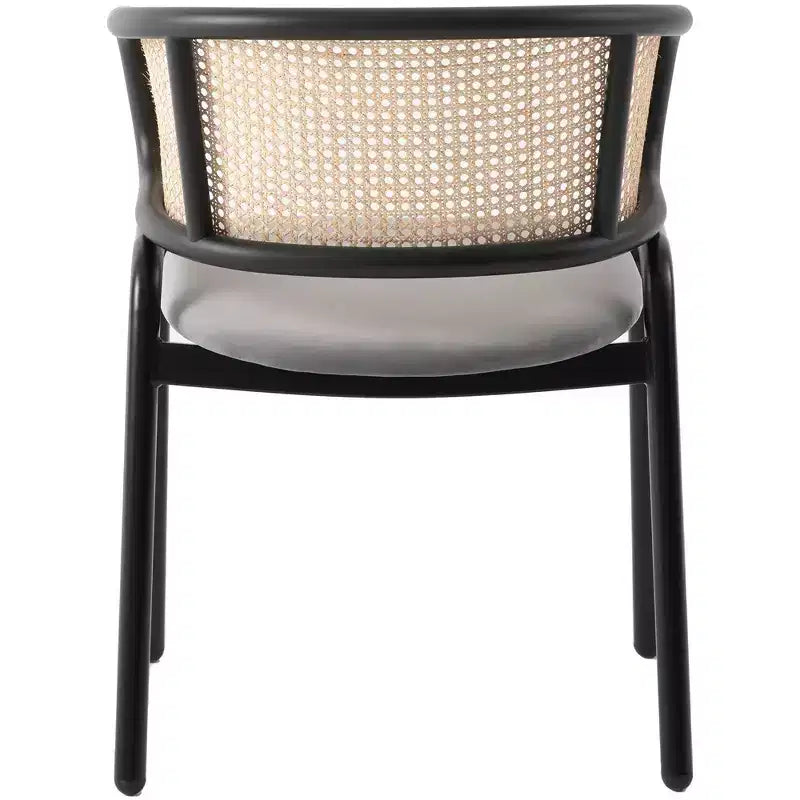 Chaise de salle à manger moderne avec structure noire, assise en velours et dossier en rotin, pour cuisine, salle à manger, bureau ou salon.