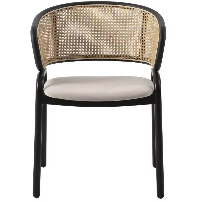Chaise de salle à manger moderne avec structure noire, assise en velours et dossier en rotin, pour cuisine, salle à manger, bureau ou salon.