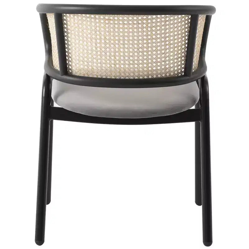 Chaise de salle à manger moderne avec structure noire, assise en velours et dossier en rotin, pour cuisine, salle à manger, bureau ou salon.