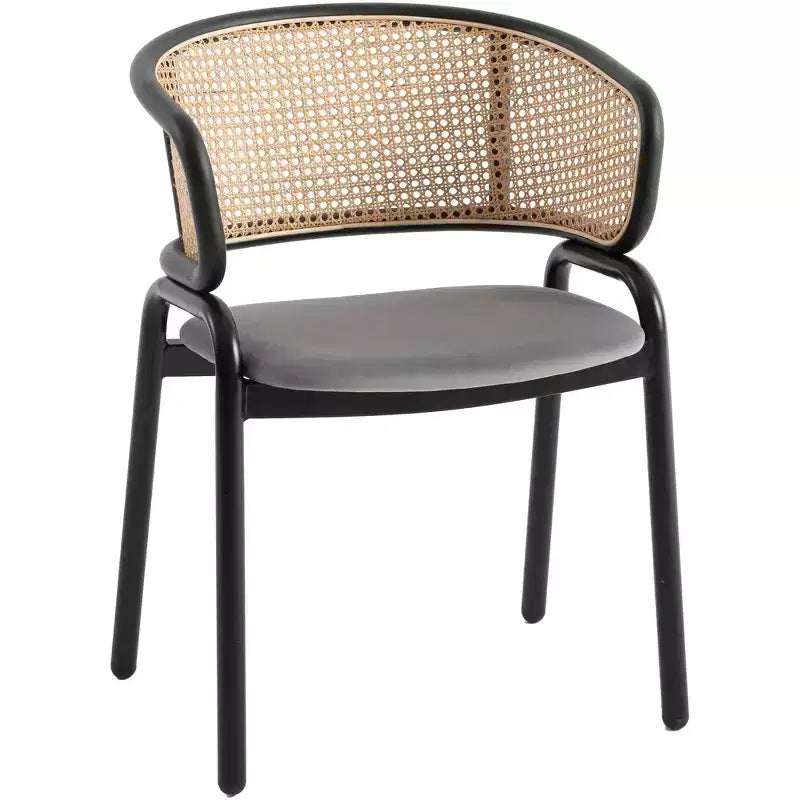 Chaise de salle à manger moderne avec structure noire, assise en velours et dossier en rotin, pour cuisine, salle à manger, bureau ou salon.