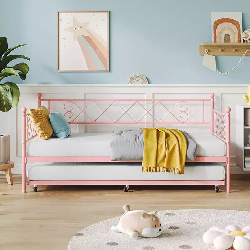 Lit de repos double en métal avec lit gigogne, canapé-lit peu encombrant pour salon, chambre et chambre d'amis