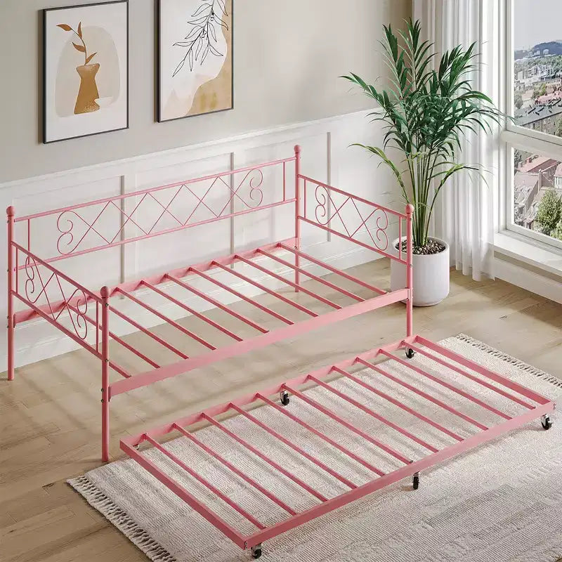 Lit de repos double en métal avec lit gigogne, canapé-lit peu encombrant pour salon, chambre et chambre d'amis